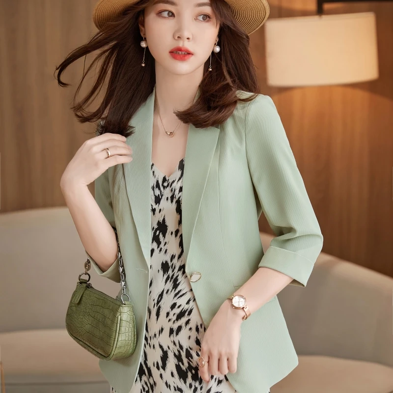 Formal Blazers Jackets Coat for Women Half Sleeve Elegant Green Spring Summer OL Styles Professional Business Outwear Blaser