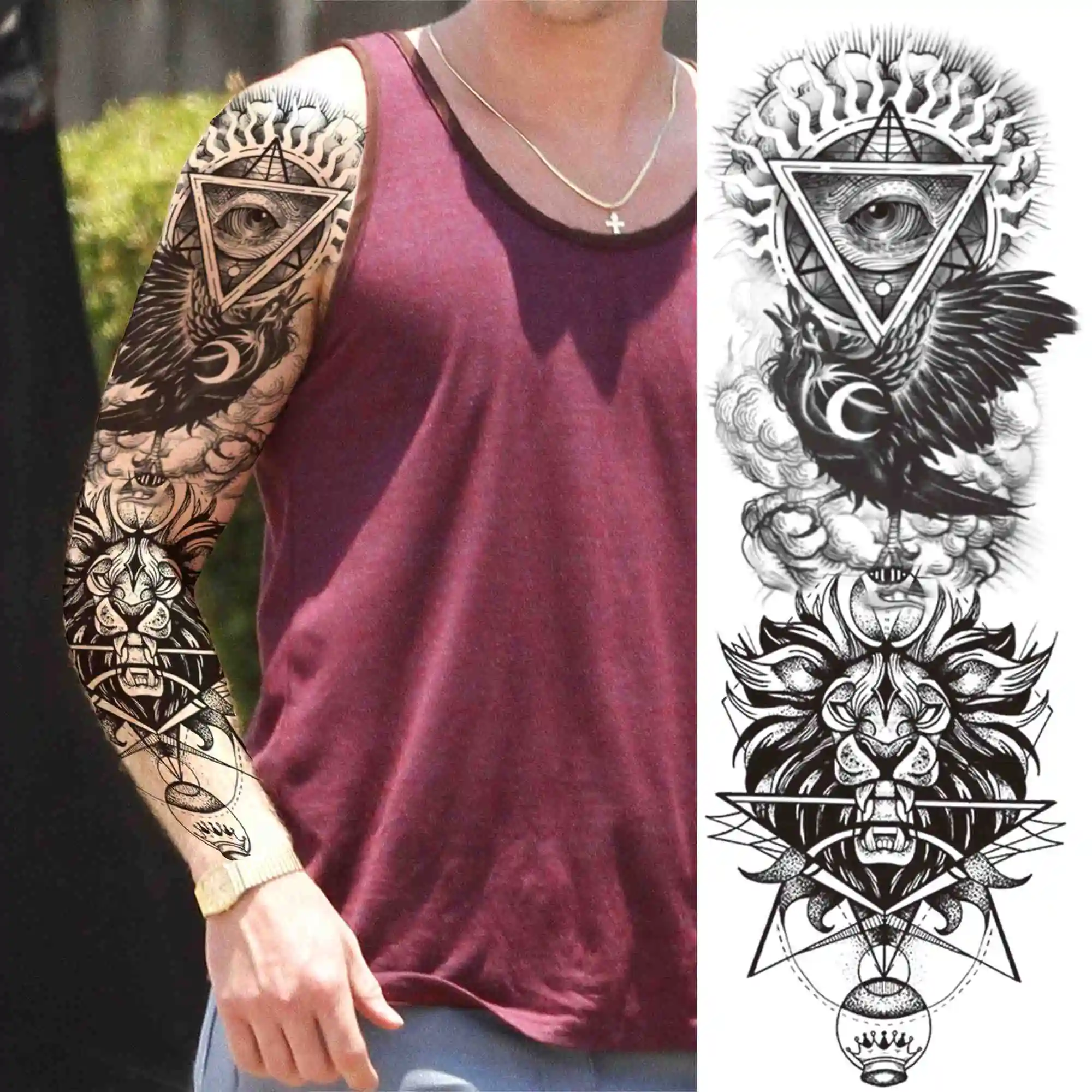 Realistic God Mars Temporary Tattoos Sleeves For Men Adults Fake Eagle Lion Tattoo Warrior Sticker Washable Full Arm Tatoo Long