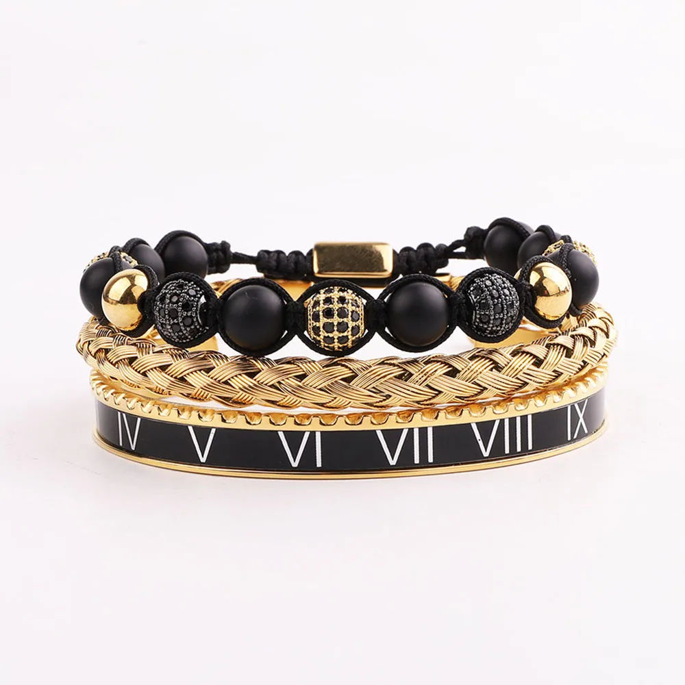 Luxury Gold Plated Stainless Steel Roman Cuff Bangle Beaded Macrame Bracelet Set For Men