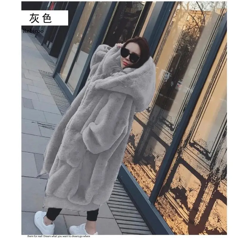 Winter Fur Warm hooded Large size Medium length Solid color Fur & Faux Fur Women New Casual Long sleeve Women Fur coat