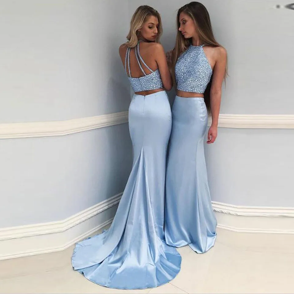 Novo vestido formal de formatura para dama de honra, vestido de noite revelador, duas peças, vestido com contas, frete grátis