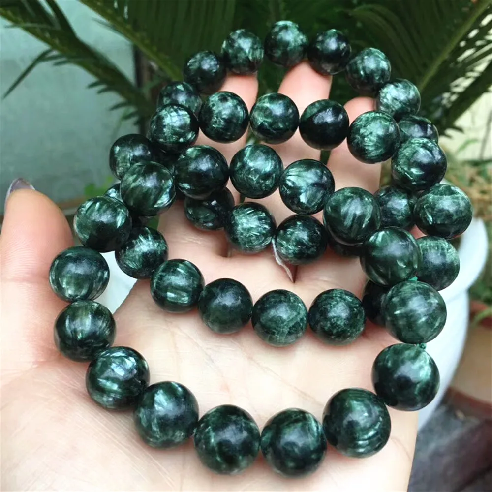 

13mm Genuine Natural Green Seraphinite Bracelet For Women Man Round Beads Gemstone Crystal Stretch Strands Bangle Jewelry AAAAA