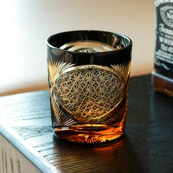 Japanese Style Edo Kiriko Multi-Color Drinking Glass 8 Ounces Amber/Clear Crystal Whisky Glass Scotch Glasses