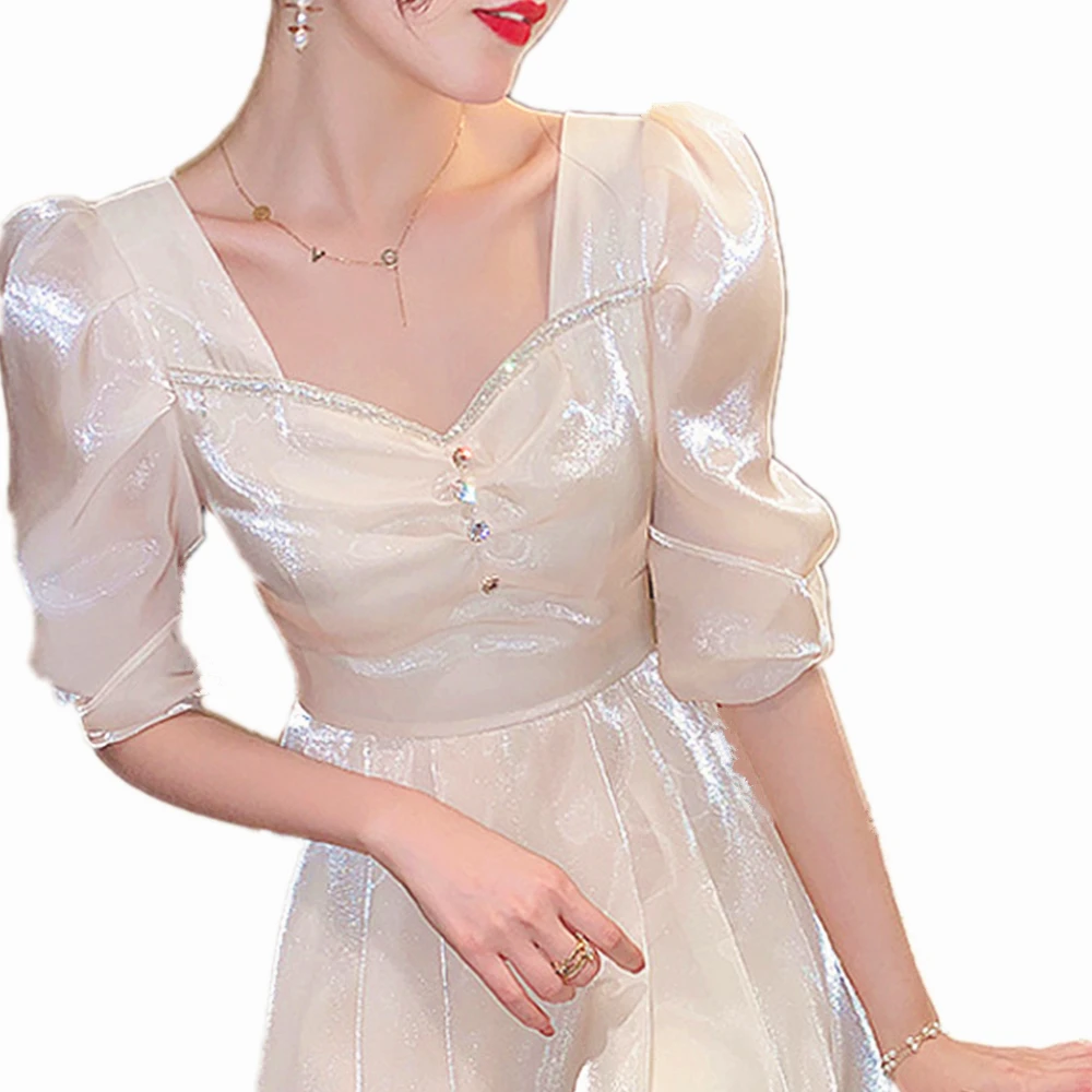 Temperament Slim Short Skirt for Women, Sweet Bubble Sleeve, Pearl Bow Tie, Princess A-Line, Button Dresses, Pure Color, Elegant