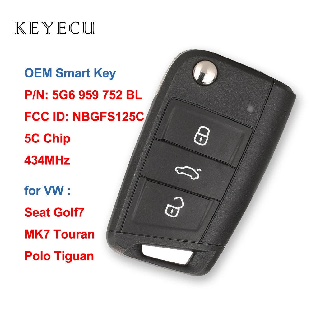 

Keyecu OEM Smart Remote Car Key Fob 434MHz 5C Chip for Volkswagan VW Seat Golf7 MK7 Touran Polo Tiguan P/N: 5G6 959 752 BL