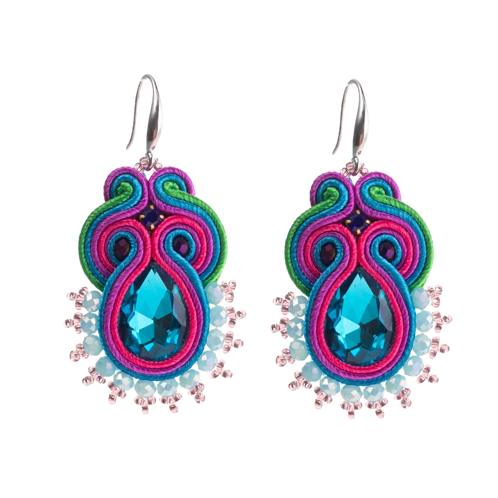 Fashion Handmade jewelry Soutache earrings for women Ethnic boho Hook Dangle earring Colorful Crystal earring Pretty New trend