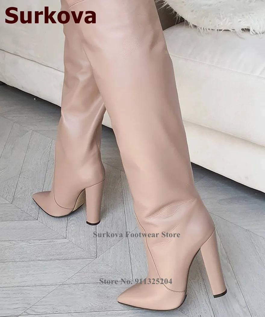 Surkova Nude White Chunky Heel Knee High Boots Pointed Toe Slip-on Dress Shoes Fall Winter Outdoor Pumps Long Boots Size46