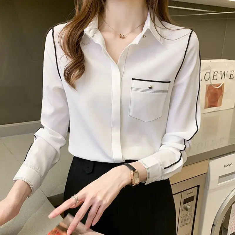 Women's Long Sleeve White Chiffon Shirt, Korean, New, French Collar Style, Quality Top, Lady Blouses, B078, 2023 Summer