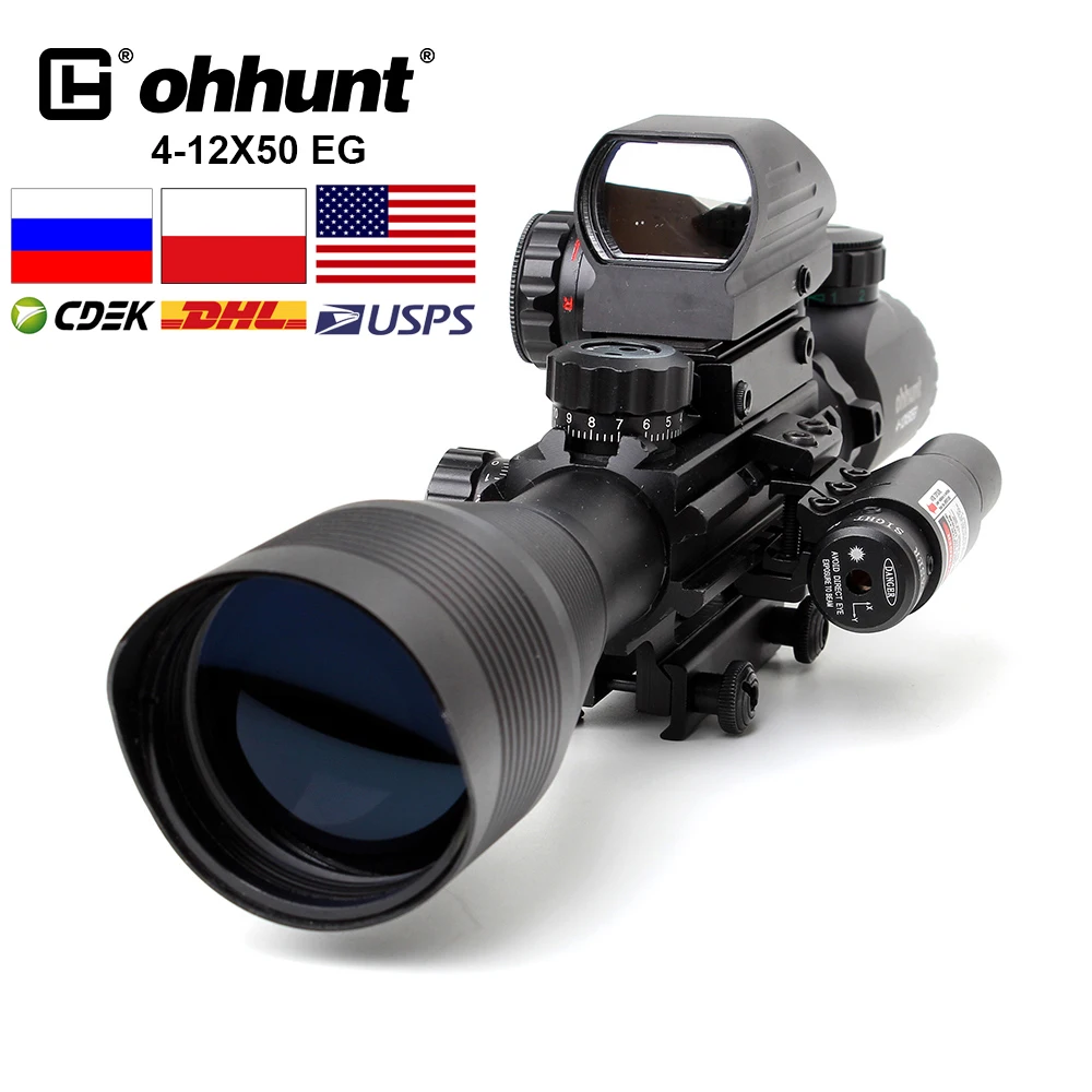 Ohhunt 4-12X50 Illuminated Rangefinder Reticle 4 Reticle Sight with Red or Green Laser Combo Scope