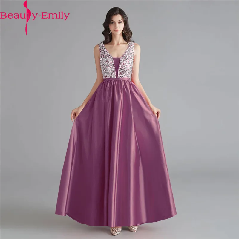 

Beauty Emily New Arrival Sexy V Neck Tank Sleeve Evening Dress Charming Open Back Simple Stain Long Formal Dress with Appliques