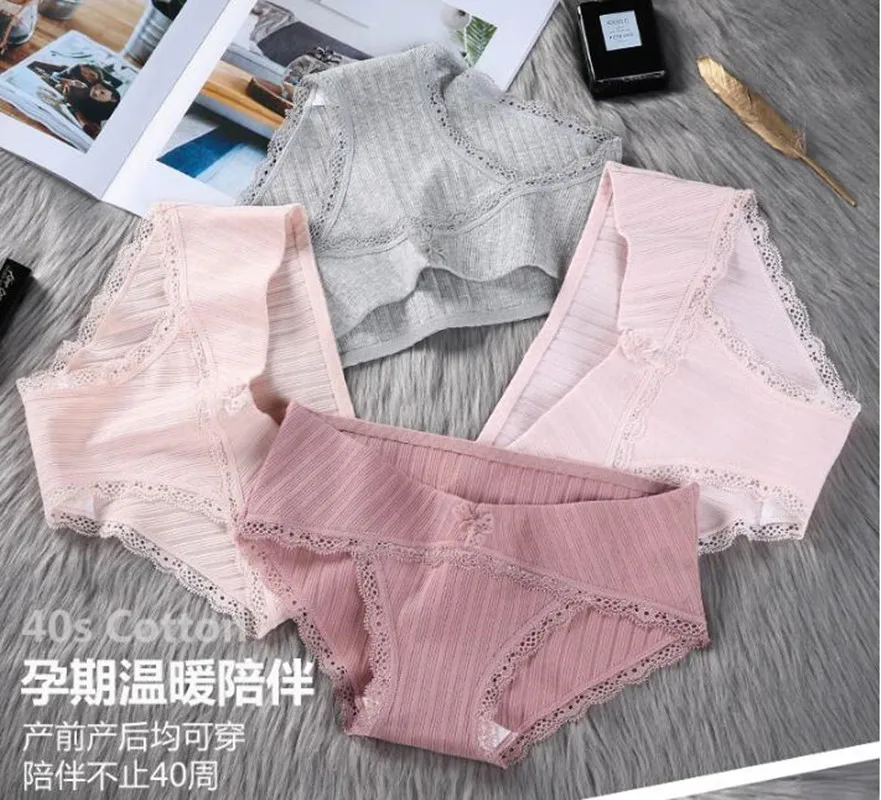 

2PCS Rib Stretch Cotton Maternity Panties with Lace Low Waist Belly Underwear Clothes for Pregnant Women Pregnancy Briefs