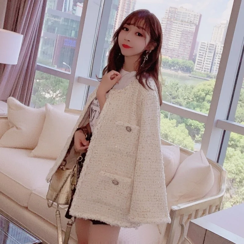 

Casual Loose Tweed Jacket Womens New Fashion O-Neck Pockets Spliced Covered Button Tassel Diamonds Flare Sleeve Elegant Coat