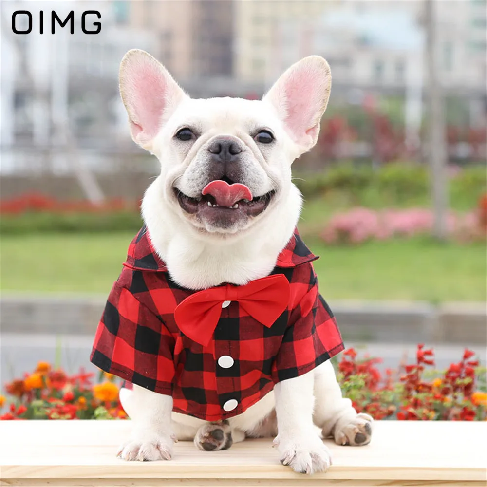 

OIMG Gentleman Small Meduim Dog Clothes French Bulldog Poodle Teddy Handsome Puppy Wedding Shirt Pet Party Suit Plaid Dog Blouse