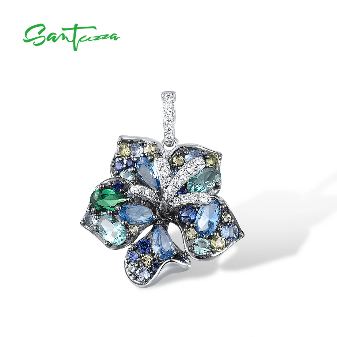 SANTUZZA Authentic 925 Sterling Silver Pendant For Women Sparkling Multi Gems Blue Lily Flower Fashion Wedding Fine Jewelry