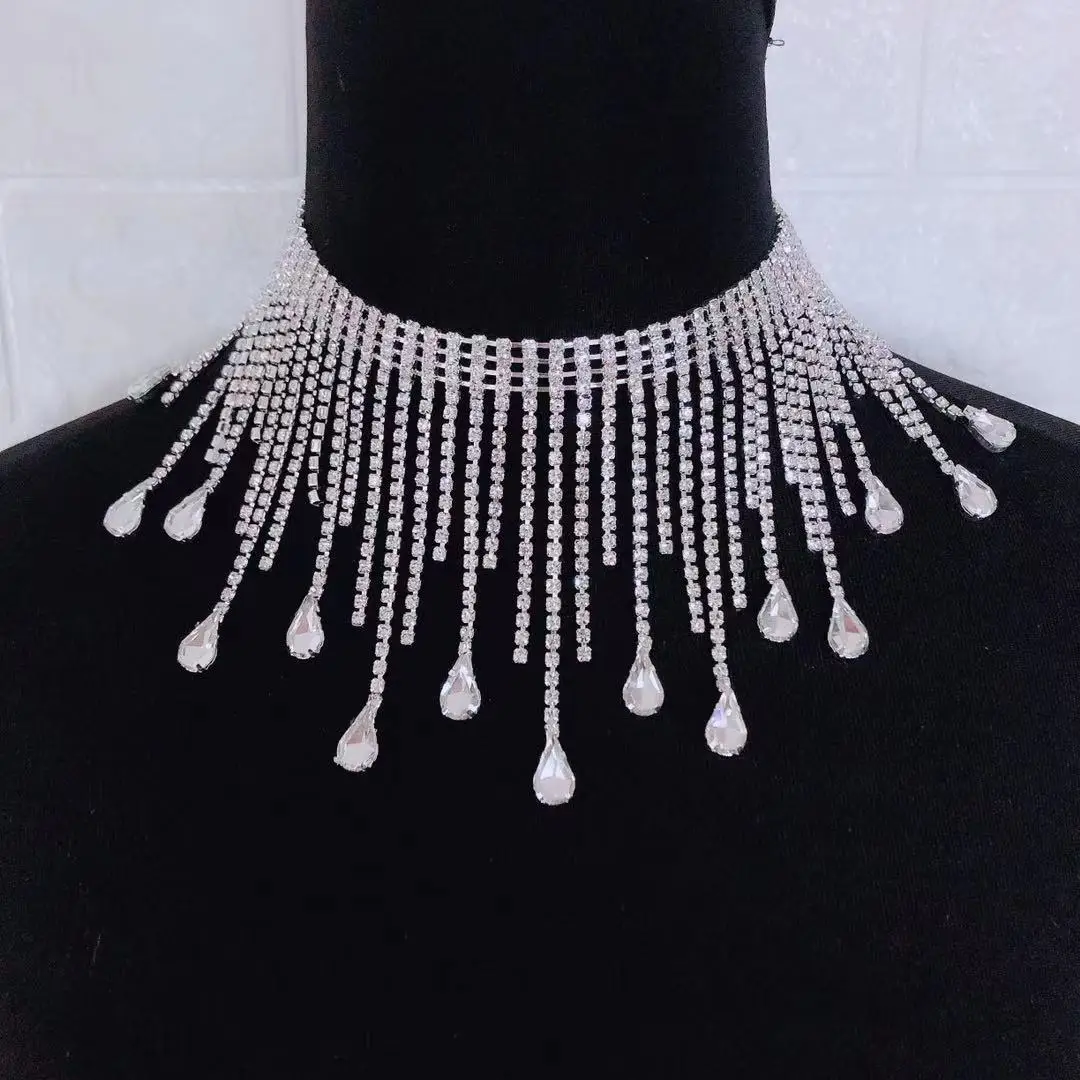 Fashion luxury crystal tassel Drop Necklace sexy women's luxury Rhinestone long Tassel Necklace collar jewelry gifts wholesale