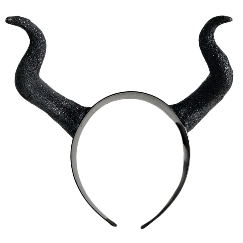 Halloween Witch Black Long Ox Horn Headband Evil Queen Cosplay Glitter Hair Hoop F3MD