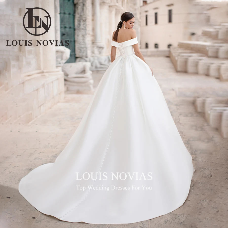 LOUIS NOVIAS Ball Gown Satin Wedding Dresses For Woman Sexy Boat Neck Beading Court Train Sashes Bridal Gown Vestidos De Novia