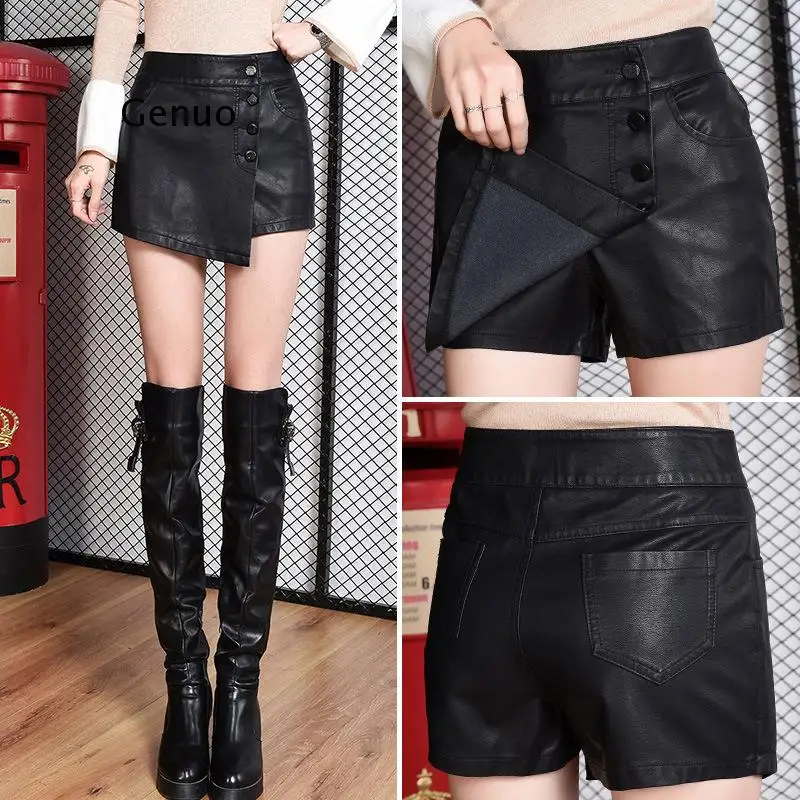 Fake Two Piece Skirts Shorts Women Black PU Leather Shorts Girls High Waist Single Breasted Short Trouser Sexy Clothing  New