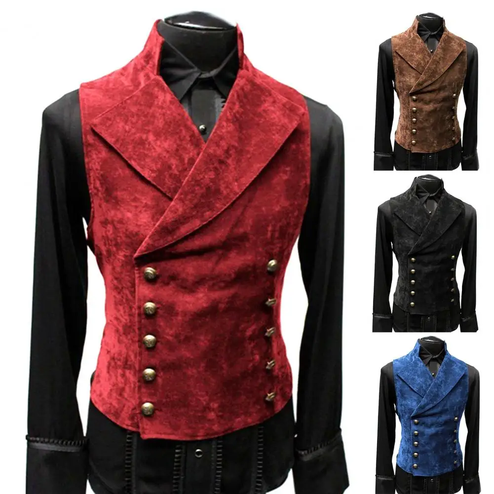 Mens Double Breasted Gothic Steampunk Velvet Vest Stand Collar Medieval Victorian Black Waistcoat Men Stage Cosplay Prom Costume