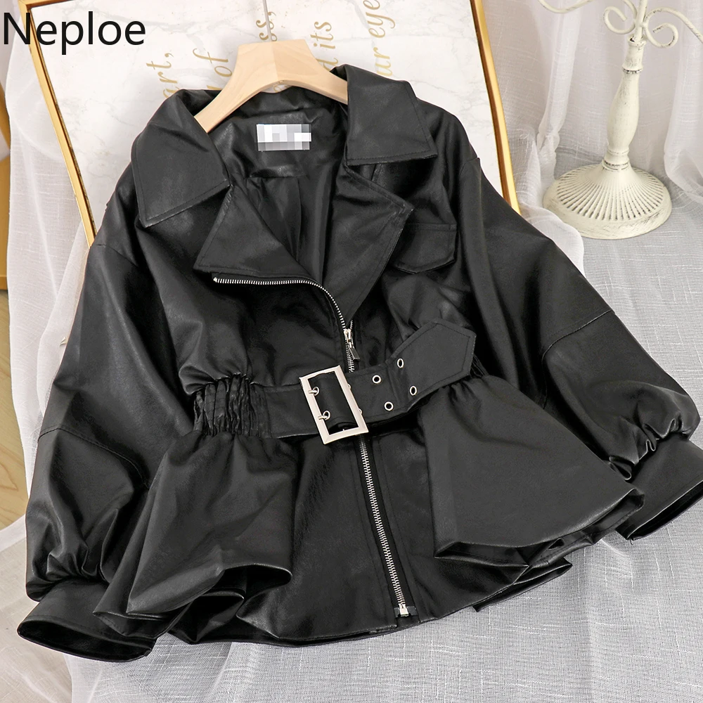 Neploe Fashion Faux Leather PU Coat Korean Style Turn-Down Collar Slim Outwear Full Autumn Women Leather Jacket with Belt