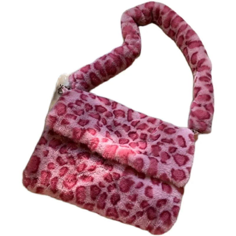 Soft Plush Women Shoulder Bag Pink Leopard Ladies Crossbody Bag Winter Fashion Large Capacity Female Handbags Tote Bolso Mujer