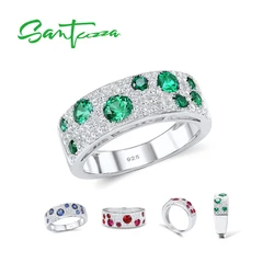 SANTUZZA 100% 925 Sterling SilverRings For Women Sparkling Created Ruby Green Spinel Blue Cubic Zirconia Trendy Fashion Jewelry