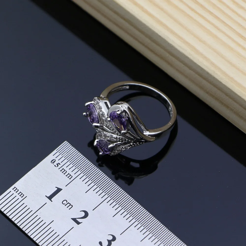 Natural 925 Silver Bridal Jewelry Sets Purple CZ Costume Jewelry Kits For Women Earrings/Pendant/Rings/Bracelet/Necklace Set