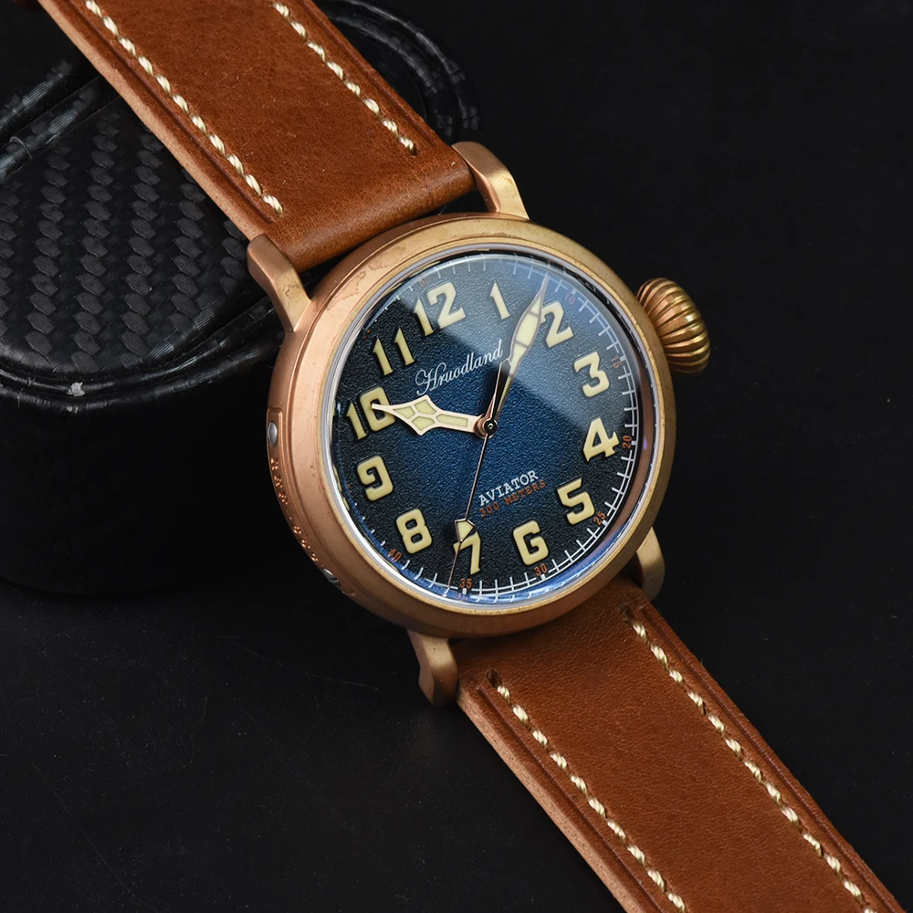 2024 New Hruodland Retro Pilot Men\'s Automatic Mechanical watches Top Bronze Sapphire Crystal 300M Water Resistant for men