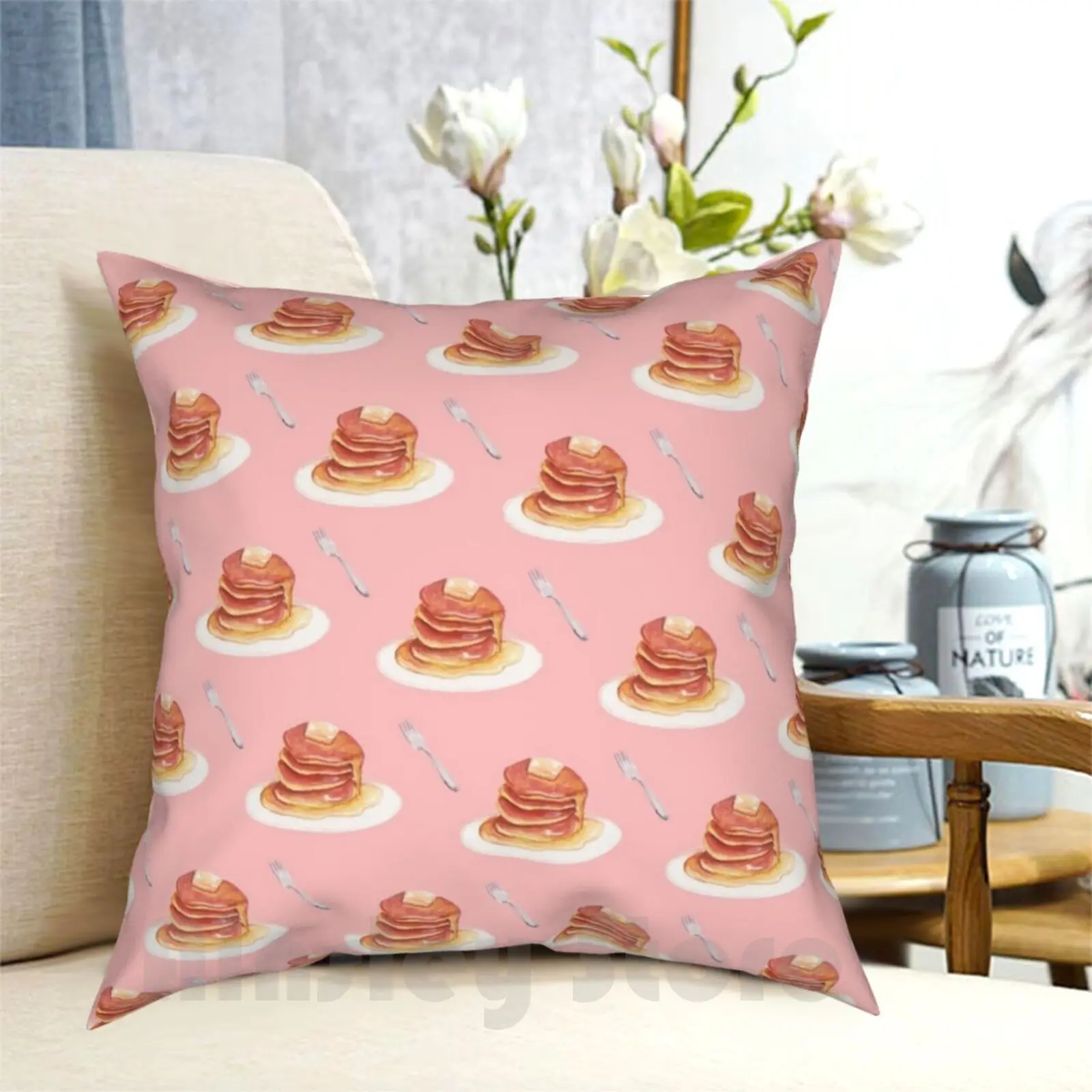 Pancake Pattern Pillow Case Printed Home Soft DIY Pillow cover Food Pattern Watercolor Cute Pop Food Seamless Pattern Pink