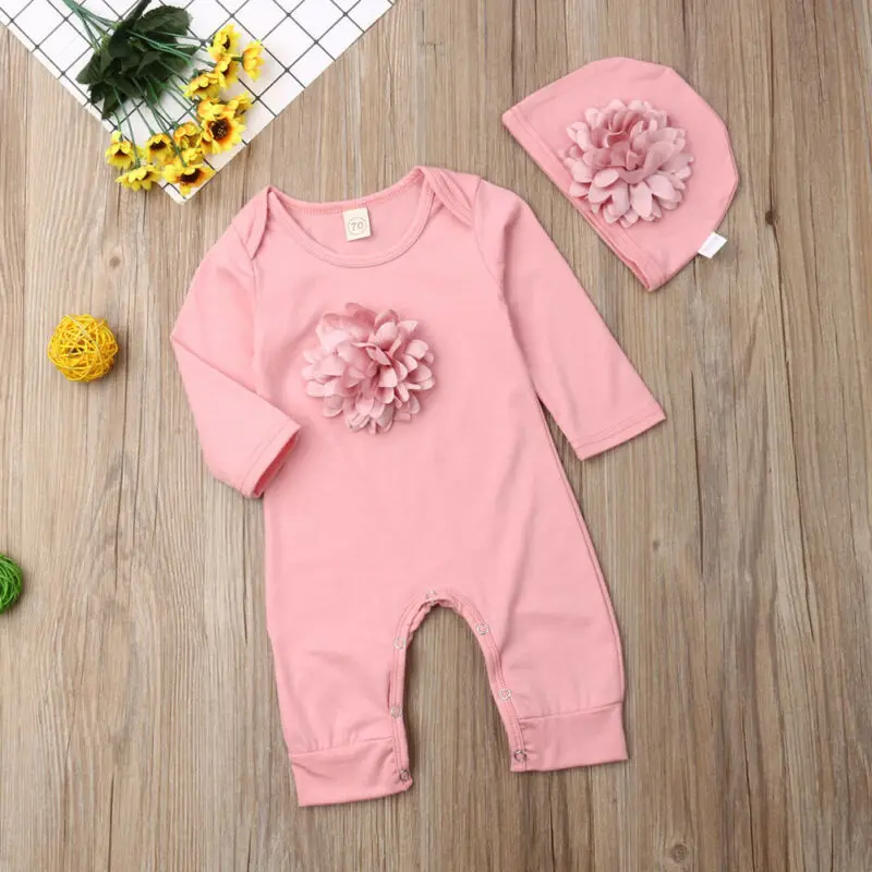 2PCS Newborn Baby Girl Clothes 3D Cute Floral Long Sleeve Romper Jumpsuit Outfits 0-18M Long Sleeve Baby Bodysuit