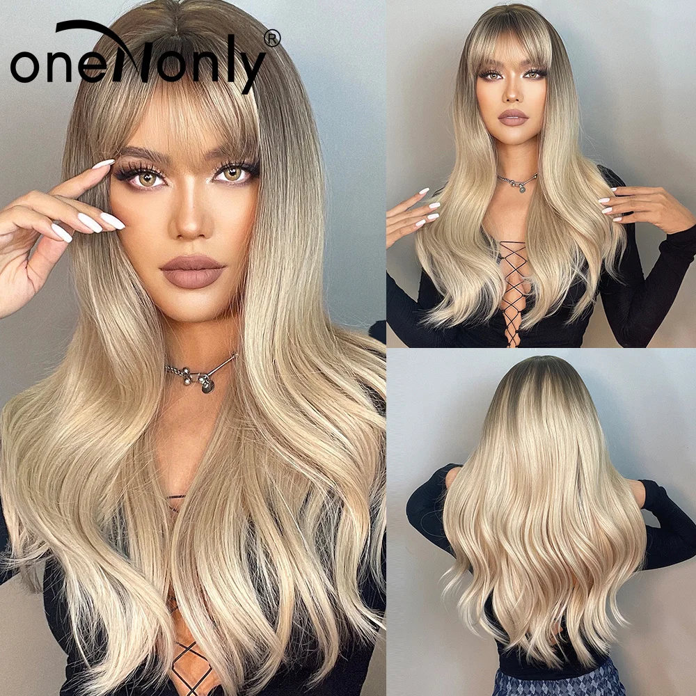 

oneNonly Brown Ombre Blonde Wig with Bangs Long Wavy Women's Wigs Natural Party Cosplay Daily Human Hair Heat Resistant