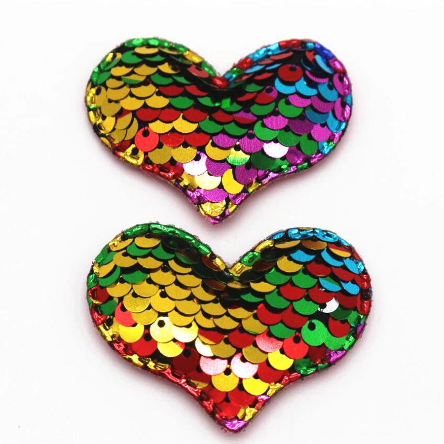 20PCS 5.5mmx 4.4mm multicolor reversible sequined heart patch hairpin glitter DIY crafts decoration mix cloth paste  aste fashio