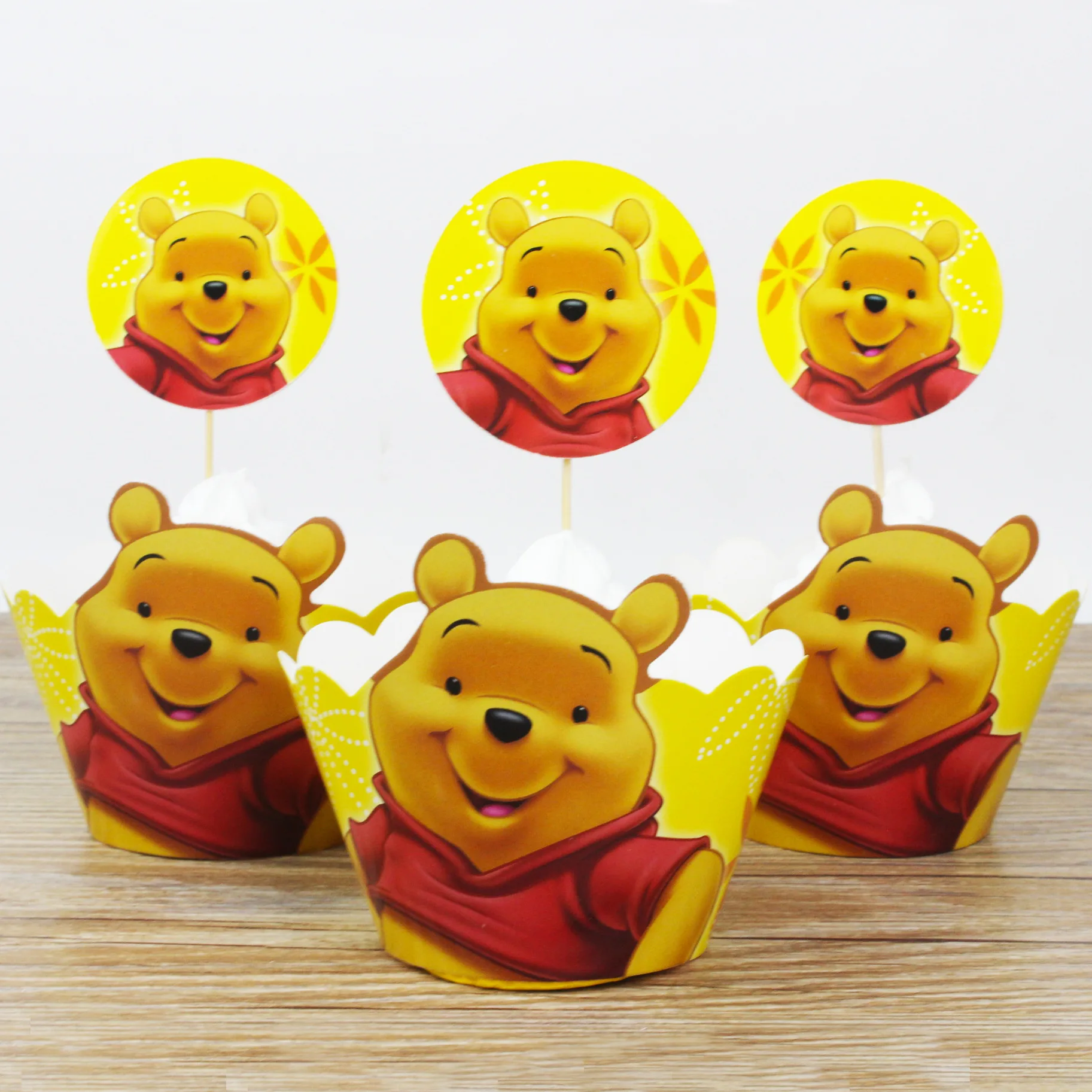 Disney Winnie the Pooh Theme Party Supplies 12pcs wraps+12pcs toppers Cupcake Wrappers Toppers Kids Birthday Party Decoration