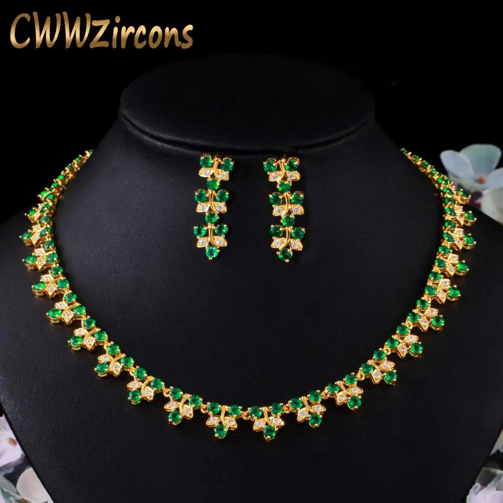 

CWWZircons Elegant African Nigerian Yellow Gold Color Green Cubic Zirconia Women Wedding Necklace Bridal Dress Jewelry Sets T475