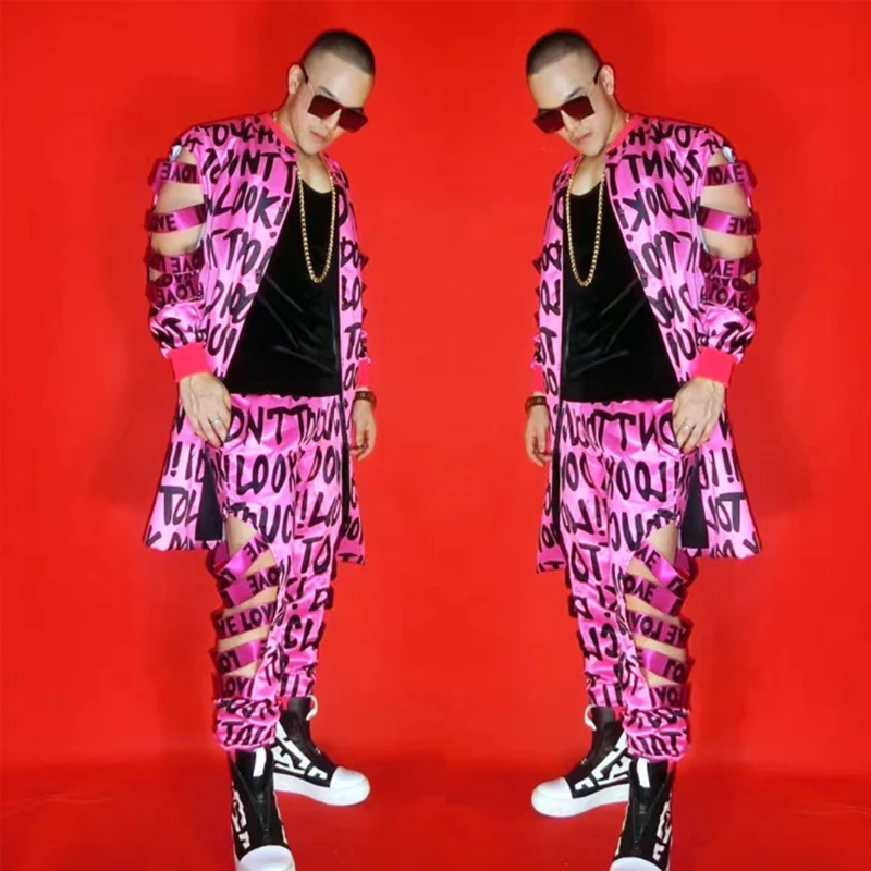 2 Pieces Male Singer DJ DS Hip Hop Clothing Graffiti Hollow Out Letter Jacket Pants Jazz Gogo Costume Stage Rave Outfit XS2436