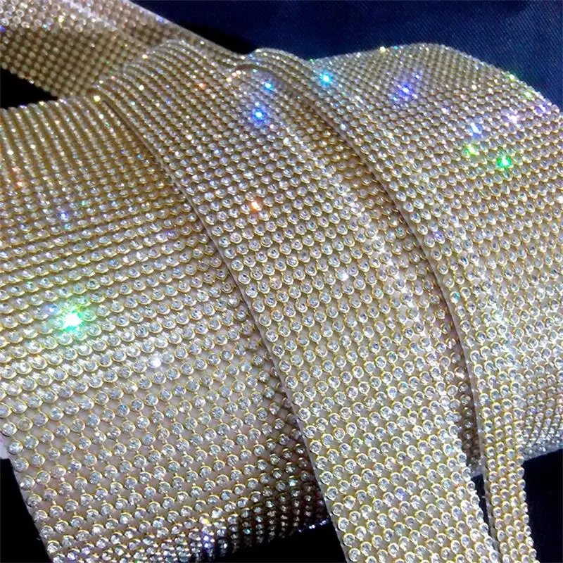 Gold Plating 10 Rows Hot Fix 3mm Rhinestone Trimming Crystal Mesh Banding Iron on Glass Diamond Stripe 1.2 Meters Garment DIY