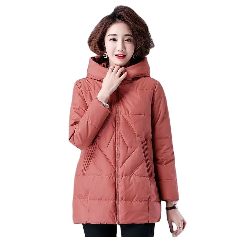 Thicken Women's Cotton Clothes Mid-length Autumn Winter 2025 New Splicing Zipper Hooded Loose Keep warm  Ladies Cotton Jacket