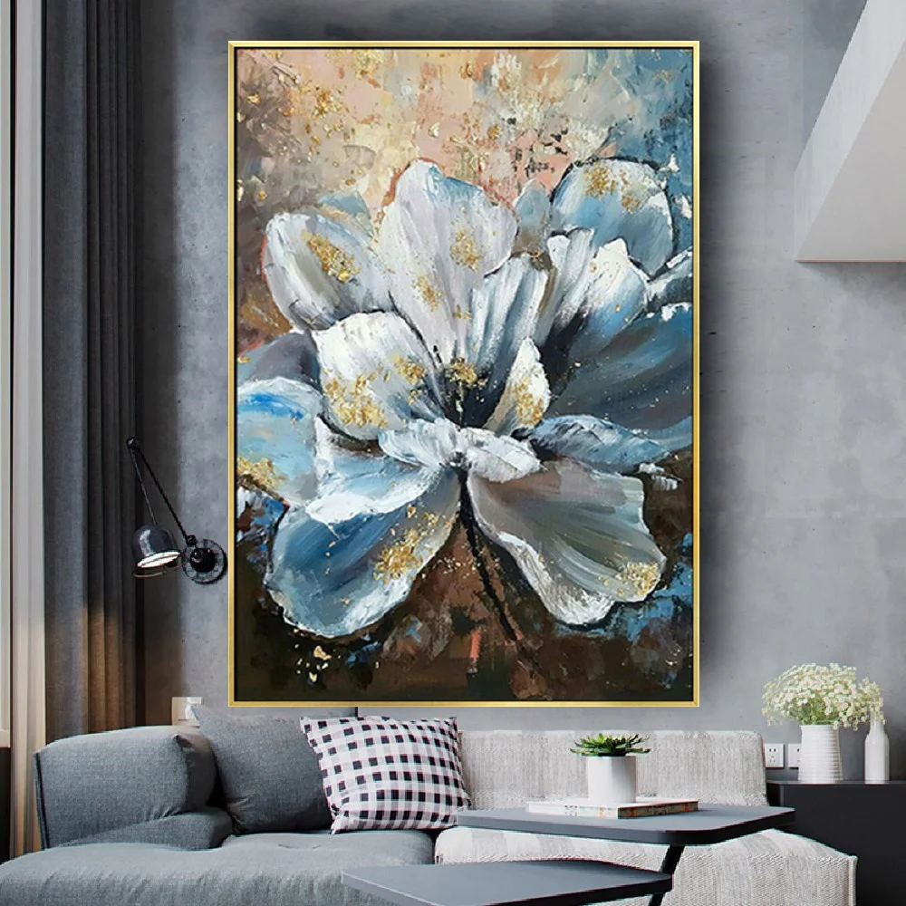 

100% Hand-Painted Blue Flower Oil Painting On Canvas Vintage Image Art With Golden Stripes Dahlia Pictures For Living Room Decor