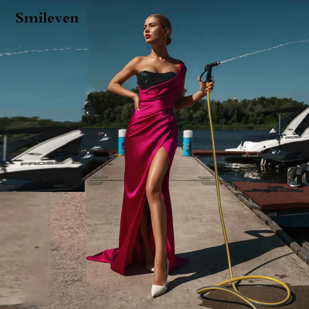 

Smileven Hot Pink Mermaid Formal Evening Dress Sweetheart Black Sequin Prom Gowns Sleeveless Pleats Side Split Party Gowns