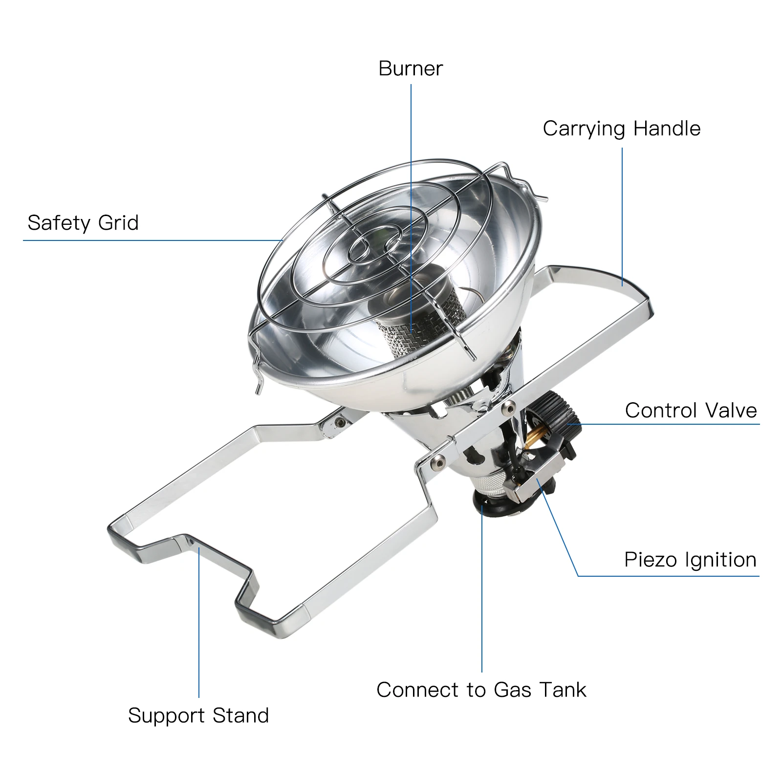 1000W Outdoor Portable Piezo Ignition Gas Heater Winter Warmer Heating Stove for Long Gas Tank Cold Weather Heating Stoves