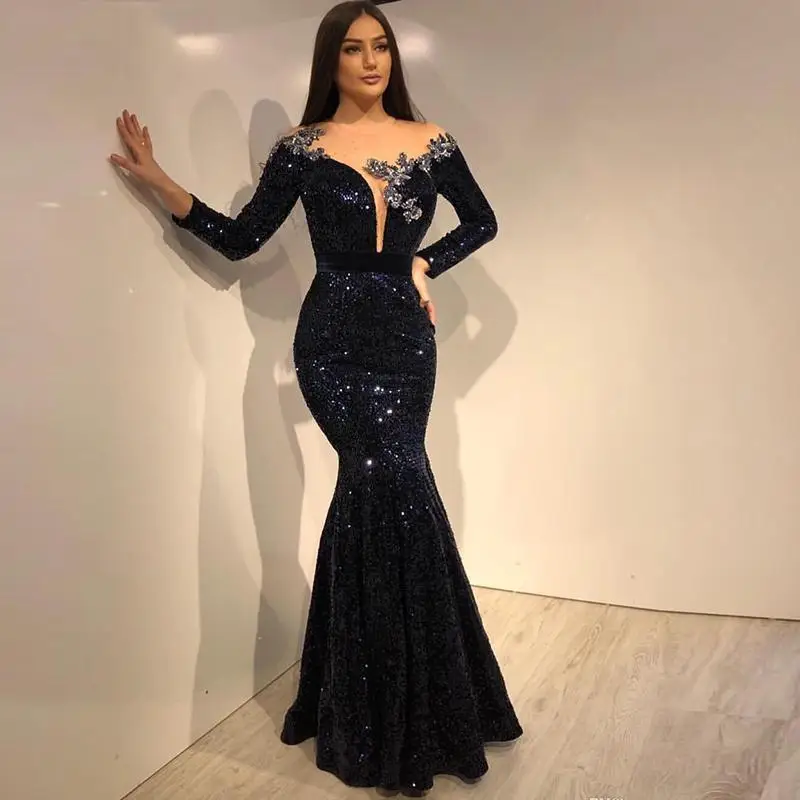 Luxe Avondjurken Glitter Pailletten Crystal Prom Jurk Marineblauw Lange Mouwen Sheer Hals Speciale Gelegenheid Partij Gown Robe