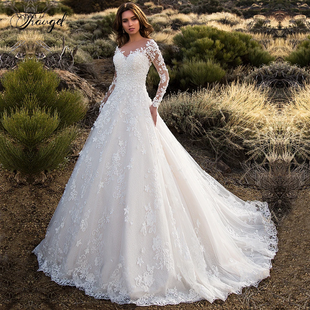 

Traugel Scoop A Line Lace Wedding Dresses Applique Long Sleeve Backless Bride Dress Court Train Bridal Gown Plus Size