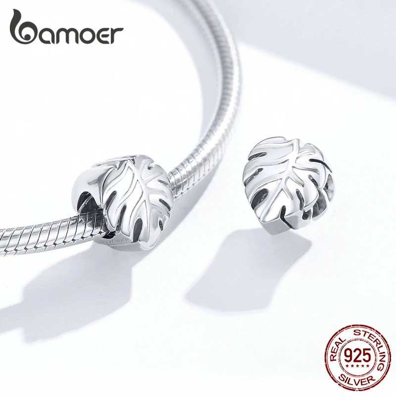 bamoer 925 Sterling Silver Metal Charm for Original Brand Bracelet & Bangle Plant Leaf Monstera Deliciosa Popular Jewelry BSC141