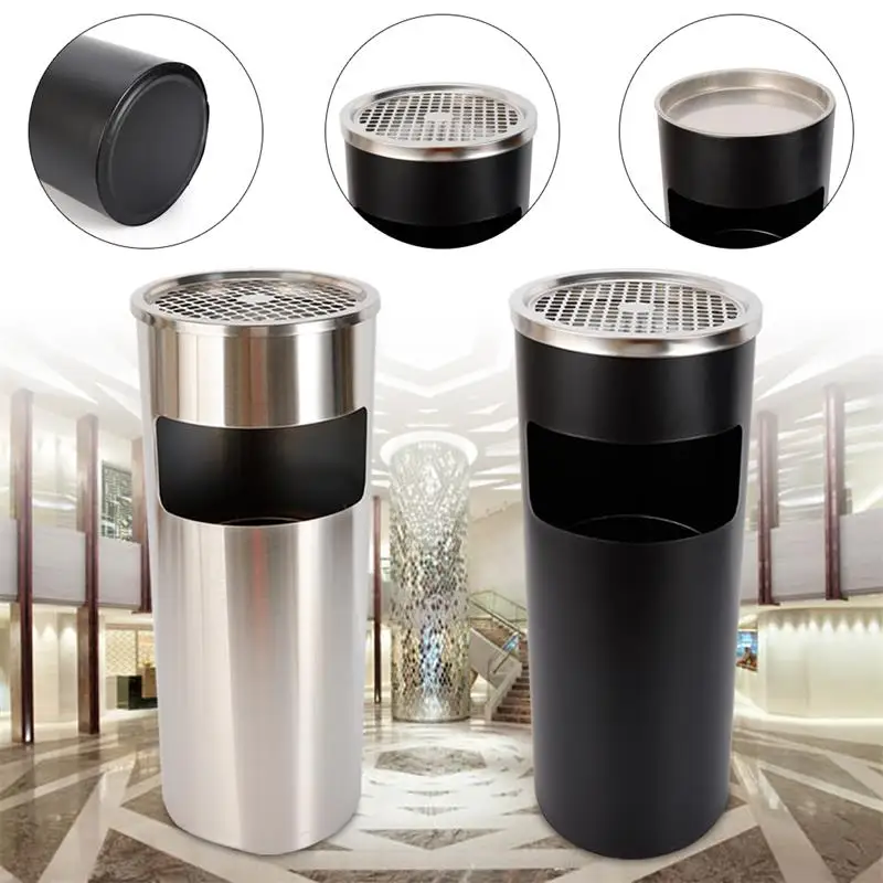 30L Practical Black / Silver Stainless Steel Vertical Ashtray with Liner Garbage Separator Office Building Hotel Trash Can