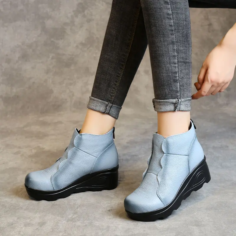 Wedge Heel Chic Shoes Ladies Designer Blue Genuine Leather Ankle Boots For Women Low Heels Cowhide Mom Cozy Shoes Women\'s Boots