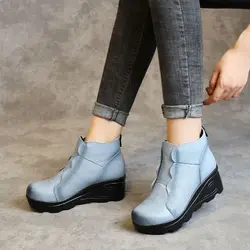 Zapatos elegantes de tacón de cuña para mujer, Botines de cuero genuino azul de diseñador, botas cómodas de piel de vaca para mamá