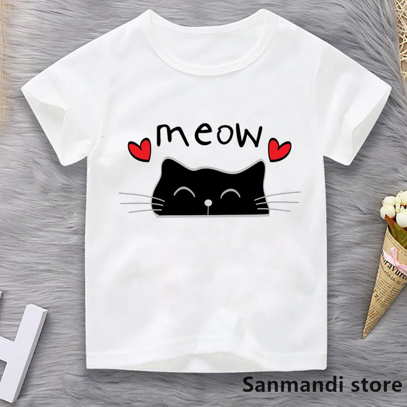 

Love Meow Black Cat Graphic Print T Shirt Tops For Girls/Boys Funny Kids Clothes Summer Kawaii Children Clothing Tshirt Girl