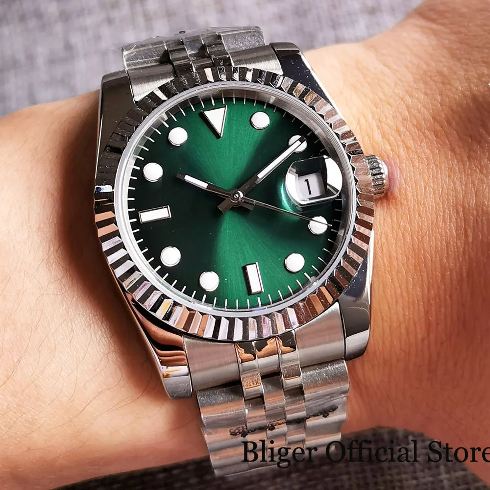 BLIGER Sterile 36mm Steel NH35A PT5000 Sunbusrt Green Dial Men Watch Sapphire Crystal Fluted Bezel Automatic Wristwatch Jubilee