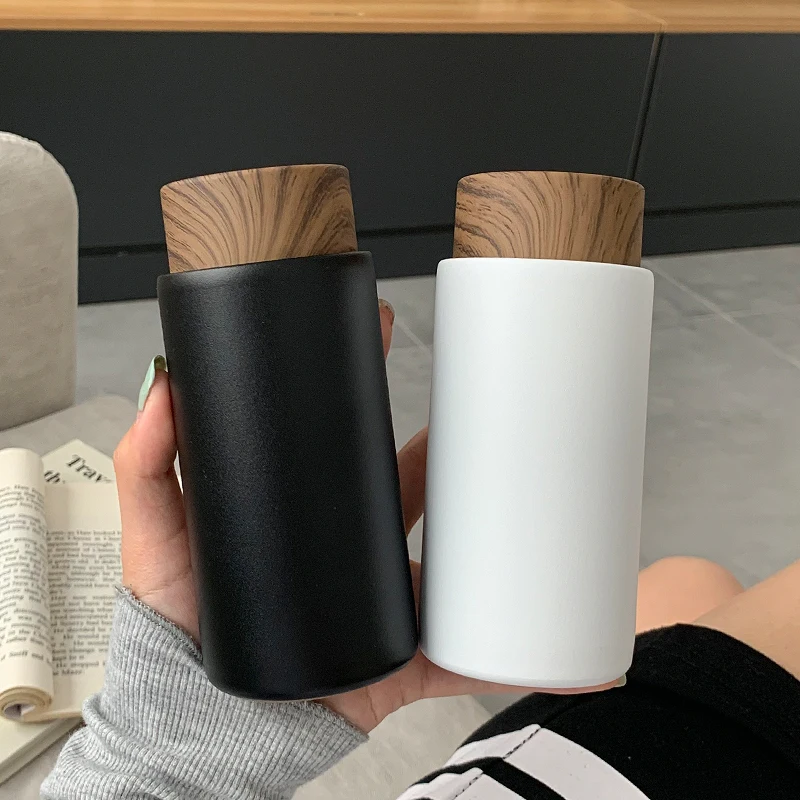 Creative Wood Grain Lid Thermos Cup Vacuum Flask 304 Stainless Steel Straight Cup Simple Portable Fashion Thermos Water Cup Gift