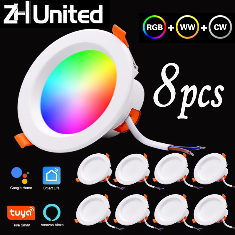 8pcs 5W/7W LED Smart Downlight Control Round Spotlight lampade intelligenti Tuya Smart light APP WiFi soffitto RGB luce fredda calda